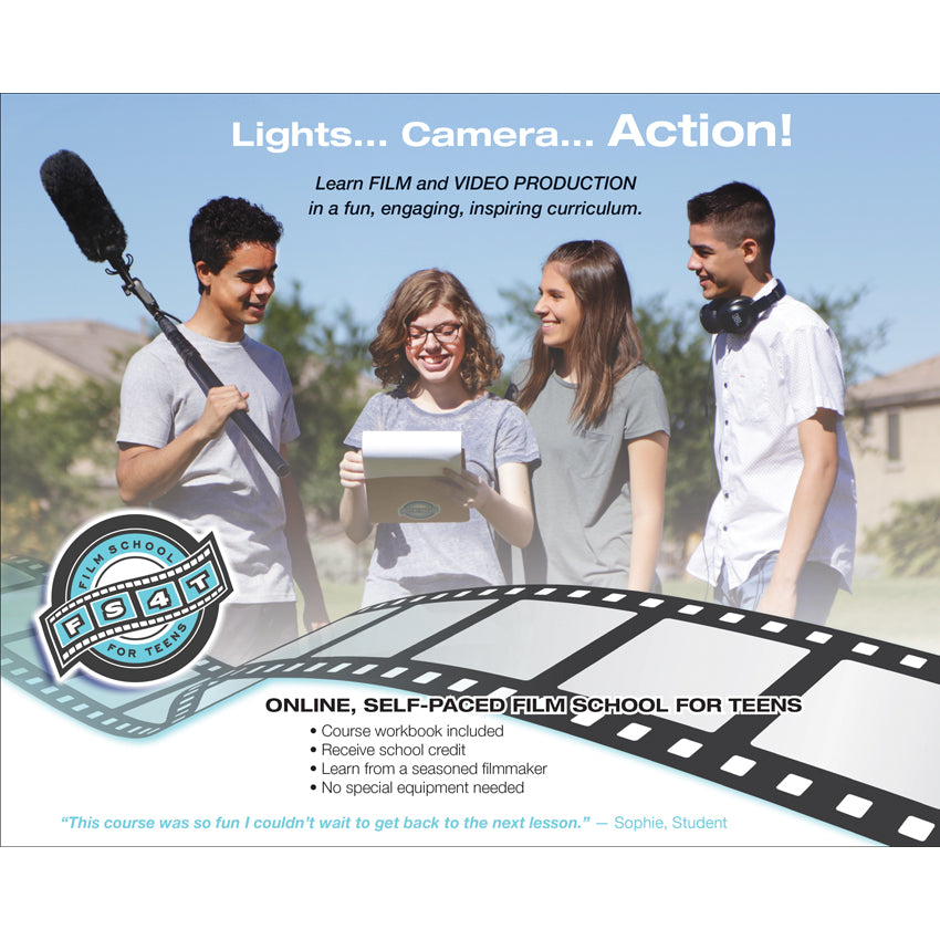 Intro to Filmmaking action shot of 4 smiling teenage students getting ready to film outside. The boy on the left is holding a boom mic over his shoulder looking at the script the girl on his left is holding. The girl on the other side is looking at the boom mic boy. The boy on the other side is wearing headphones around his neck and looking at the girl holding the script. Over the picture is a logo and descriptive text.