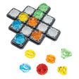 The Diamond Quest Smart Game in play. The gameboard has many colored gem pieces in place on the board and several pieces off in front of the board. The gem pieces are red, orange, yellow, green, and blue.