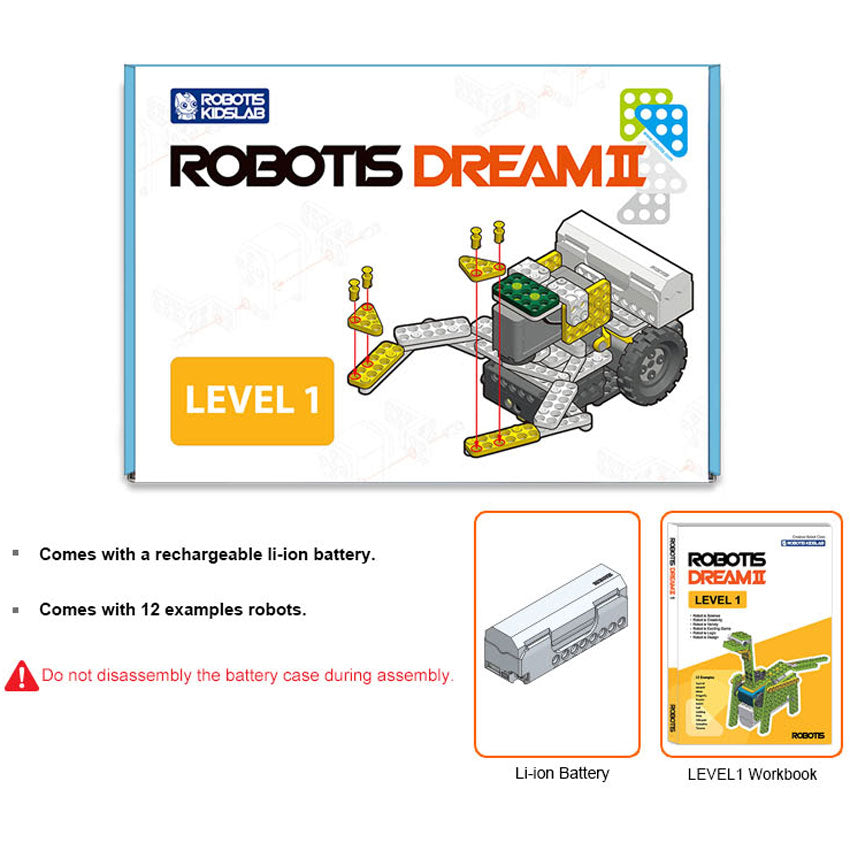 Robotis Dream features layout. The box cover shows a crab-like robot with a white background and illustrations of robot pieces in the upper-right corner. Under the box, to the right, are illustrations of the battery pack and the instruction guide. The text reads " comes with a rechargeable li-ion battery" and "comes with 12 examples robots."