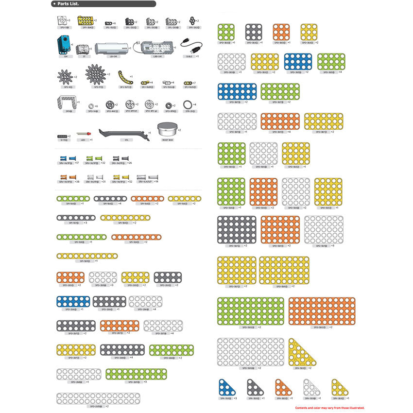 Layout of each piece included with the Robotis Dream 2 set. Each building piece has holes throughout in a grid pattern to put securing pegs into. They come in a variety of colors including white, black, orange, yellow, and blue.