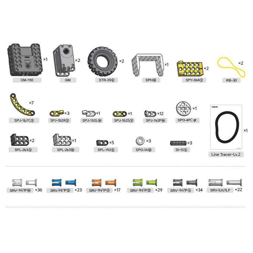 Robotis Dream 2 contents image. Top row shows the motor pieces, wheels, plate pieces, and a rubber band. 2nd row down shows small connecting pieces, and a wheel/pulley piece, and a "line tracer." 3rd row down shows more connecting pieces. Bottom row shows the snap-in connector pieces. 