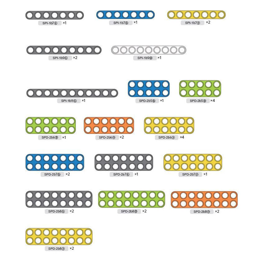 Robotis Dream 2 layout of plate pieces. The pieces are in different sizes showing flat pieces with holes through the entire piece in a grid pattern. Piece colors are white, gray, blue, green, yellow, and orange.