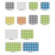 Robotis Dream 2 layout of plate pieces. The pieces are in different sizes showing flat pieces with holes through the entire piece in a grid pattern. Piece colors are white, gray, blue, green, yellow, and orange.