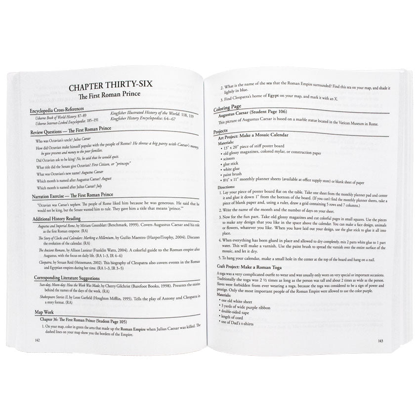 The Story of the World 1 Activity book open to show instructional pages. The left page has the title “Chapter 36, The First Roman Prince” at the top with text below and the following sections; Encyclopedia Cross-References, Review Questions, Narration Exercise, Additional History Reading, Corresponding Literature Suggestions, and Map Work. Sections continue on the right page, including; Coloring Page and Projects.