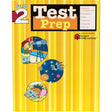 Test Prep Grade 2 book. The background is striped with different shades of yellow. The title at the top is next to a list of items covered in the book, including; Reading Comprehension, Vocabulary, Math, Listening, Language, and Test Tips. Below and to the left are 3 illustrations in circle frames. The top one is of a boy using a telescope, the middle and slightly right is a space scene with a ship with planets and stars, and the bottom is of a girl laying on a couch looking through a photo album.