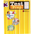 Test Prep Grade 3 book. The background is striped with different shades of yellow. The title at the top is next to a list of items covered in the book, including; Reading Comprehension, Vocabulary, Math Problem Solving, Language, and Test Tips. Below and to the left are 3 illustrations in circle frames. The top one is of a girl making a kite, the middle and slightly right is a boy riding his bike past a grocery shop, and the bottom is of 2 children around a camp fire.