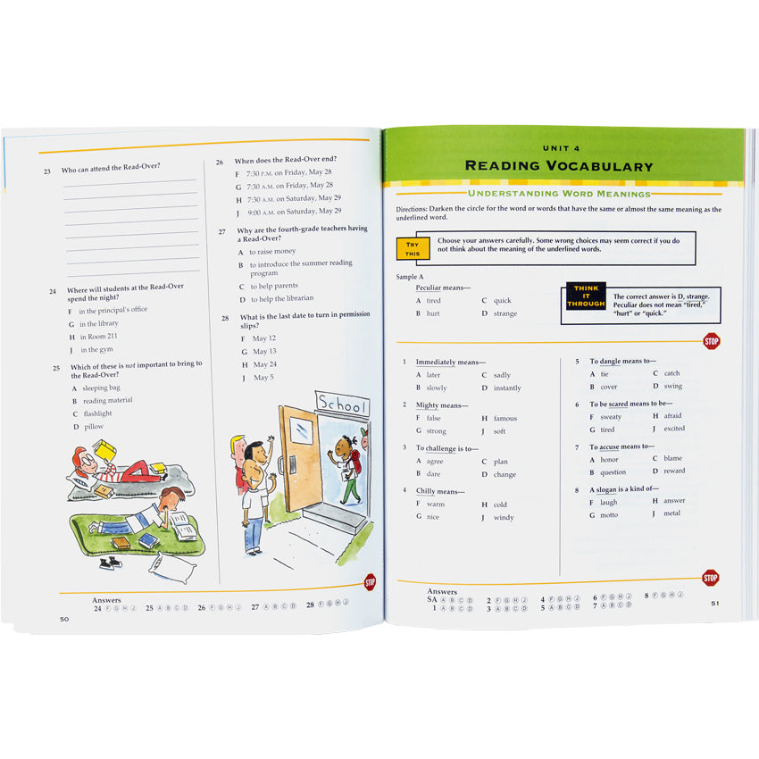 Test Prep Grade 4 book open to show inside pages. The left page has 1 sentence question and 5 multiple choice questions. There are 2 illustrations at the bottom; 1 of 2 children laying on mats and doing homework and 1 of children leaving school and being greeted by their parents. The right page, titled “Unit 4, Reading Vocabulary,” has a sample question at the top and 8 multiple choice questions below.