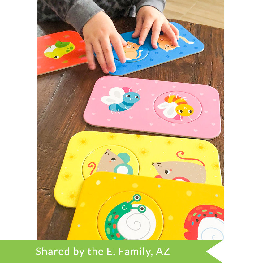 A customer photo of a child’s hands putting together a Match the Buddies puzzles. There are 5 puzzles on the table showing snails, mice, bugs, cats, and frogs. The puzzles are rectangle shaped with rounded edges and a circle piece cut out on the right half.