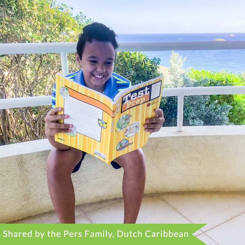 A smiling young, dark-haired, is boy sitting on the edge of a balcony with trees and the ocean behind him, reading the Test Prep Grade 4 book. The background of the book cover is striped with different shades of yellow. Below the title are 3 illustrations in circle frames. The back cover has a large white area with black text and 3 illustrations in circle frames.