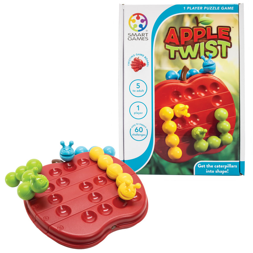 The Apple Twist Smart Game laid out next to the item box. The game on the left is in the shape of an apple with round shaped dents in it. There are 3 caterpillars in green, blue, and yellow on top of the apple. The box, to the right, shows the apple game with the yellow and green pieces in place on the board and the blue on top of the apple, waiting to be put in place.