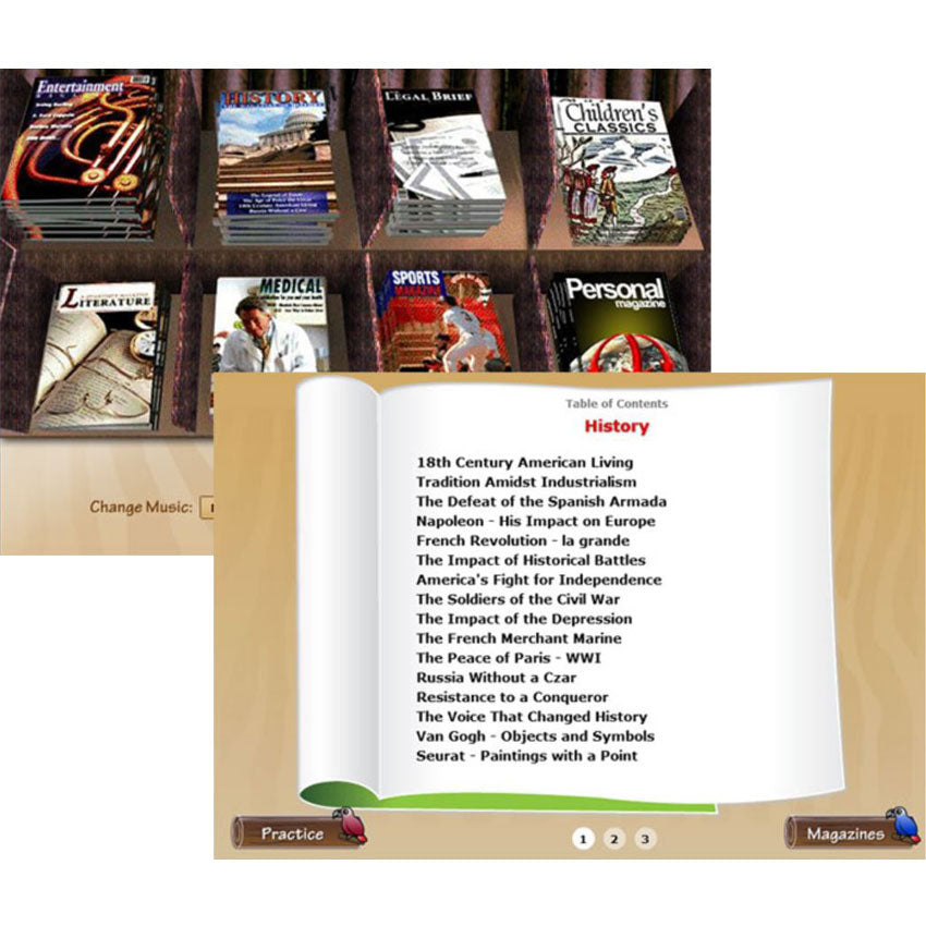 In the upper portion of the screen is a magazine rack with several types of magazines. Top row shows Entertainment, History, Legal Brief, and Children’s Classic magazines. Bottom rack shows Literature, Medical, Sports, and Personal magazines. To the right is a pop-up over the top of the magazines with a table of contents and the title “History” at the top.