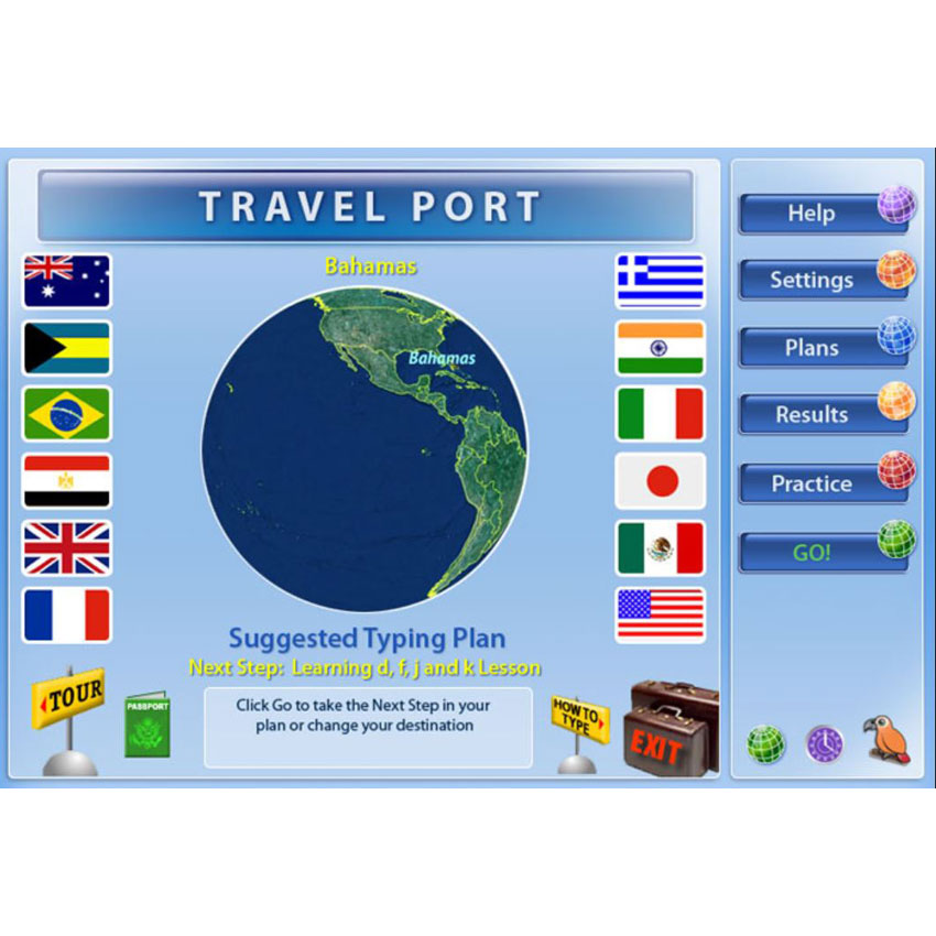 Typing Instructor screenshot of a globe focused on the Bahamas over a light blue background and titled "travel port." On the sides of the globe are 12 flags from around the world, 6 on each side. To the right are 6 menu buttons. There are several travel themed illustrations on the bottom of the page.
