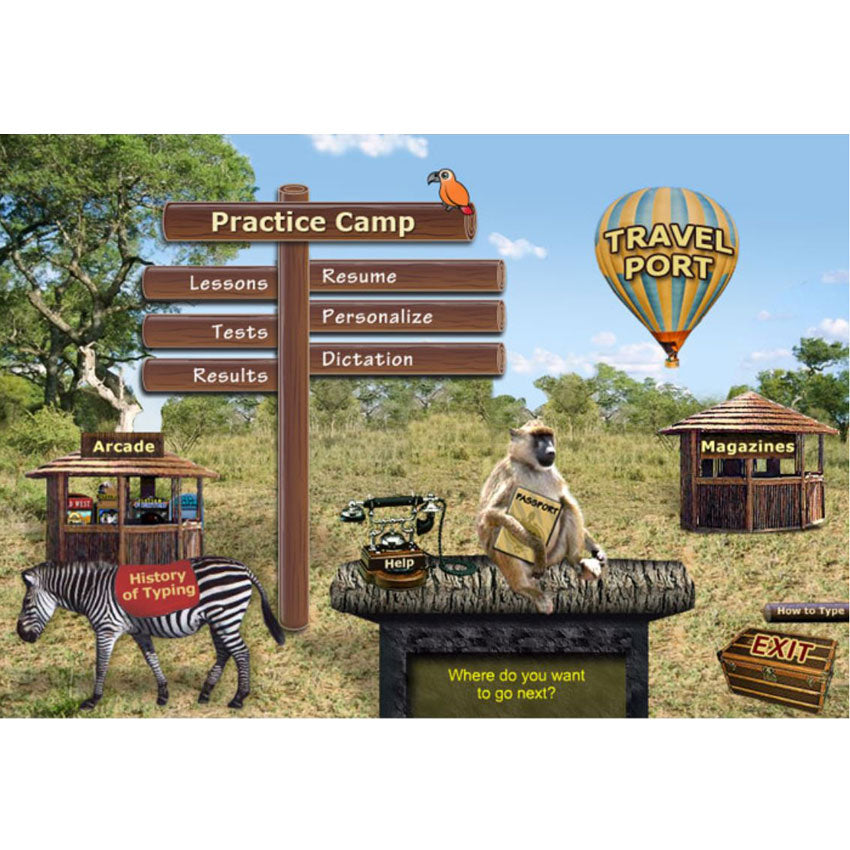 Typing Instructor screenshot of the main menu, or "Practice Camp," for the Typing Instructor Gold. Screenshot shows a safari-type background with 2 wood huts, a hot air balloon, zebra, monkey, and parrot. The monkey sits on a help desk next to a phone. A sign post shows the following options; lessons, tests, results, resume, personalize, and dictation.