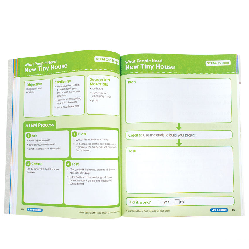 Smart Start Stem Pre K book open to show inside pages. The pages are faint green with a bright green border at the top and the title “What People Need, New Tiny House” on the top. The left page shows several boxes with an objective, challenge, suggested materials, and STEM process. The right page shows boxes with plan, create, test, and did it work in them.