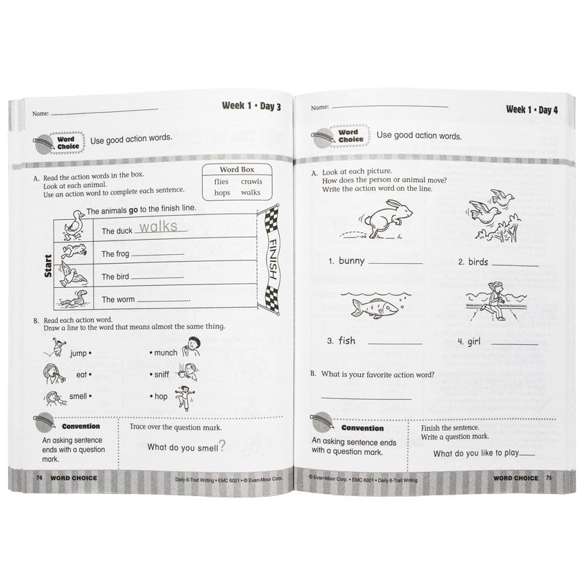 Daily 6 Trait Writing Grade 1 book open to show inside pages. The pages are white with gray rectangles bordering the bottom. The left page shows a race between a duck, frog, bird, and worm and fill-in’s to put the action word of each. Below are more action words and a spot to draw a line to a similar word on the right. The right page shows a bunny, fish, birds, and girl and has fill-in’s to write the action word for each.