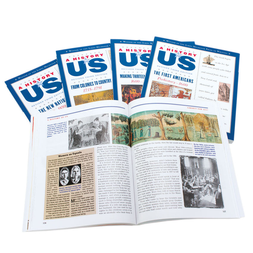 A History of US books laid out. One book is open to show text and a variety of images. Under the open book are 4 more books. The covers are white with a dark blue border and dots down the middle. On the left is the title, a brief description of the book, and an image. On the right is text and smaller images. The visible books titles and dates are: 1. The First Americans, Prehistory to 1600. 2. Making Thirteen Colonies, 1600 to 1740. 3. From Colonies to Country, 1735 to 1791. 4. The New Nation, 1789 to 1850.