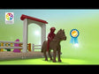 Horse Academy video of how to play the game. The game board is a sand-colored rectangle with white fence pieces around the edges. The game comes with several jumping fence pieces in many colors and a red girl character on top of a horse piece.