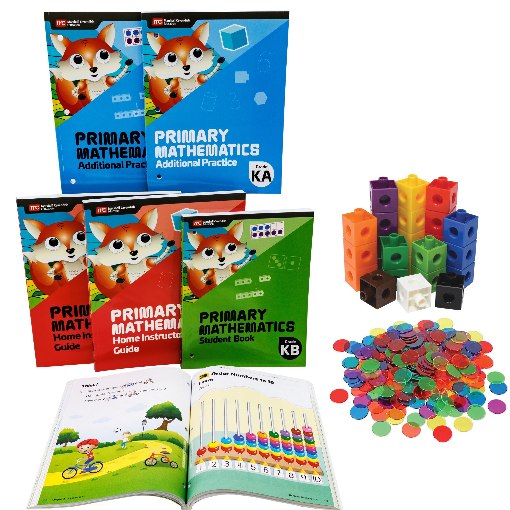 Singapore Primary Mathematics Kindergarten Set. Set of 6 books with a fox on each cover. On the top are 2 blue books. In the middle are 3 books, 2 red and 1 green. On the bottom is one open book showing a boy riding a bike on the left page, and an abacus with colored beads on the right page. To the right of the books are manipulatives in a variety of colors; connected blocks with holes on the side of each piece and transparent round tokens.