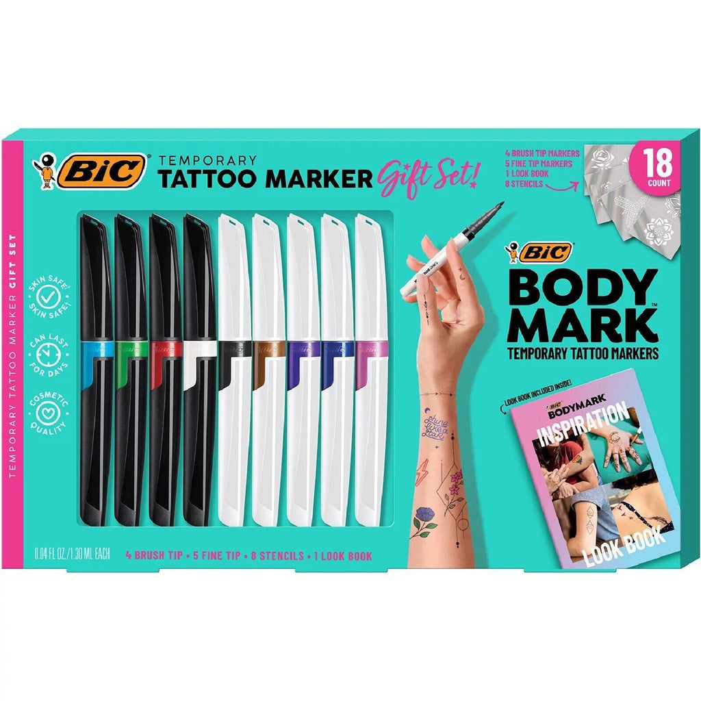 BIC BodyMark Temporary Tattoo Markers with Stencil Kit and Inspiration  Book Temporary Tattoo Pen Assorted Colors