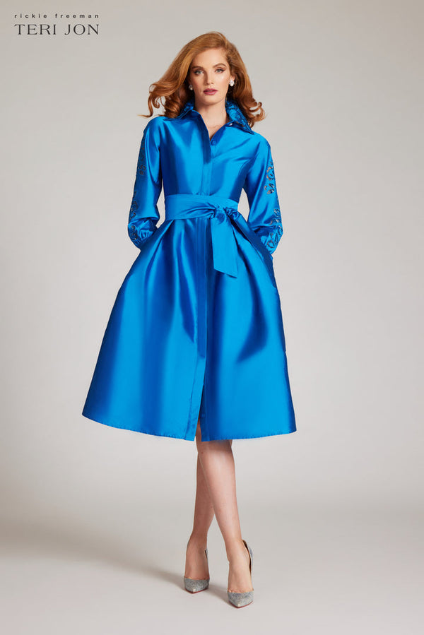 3/4 Sleeve Belted Taffeta Shirtdress