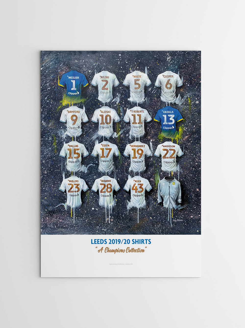 A limited edition print by Terry Kneeshaw featuring 16 iconic Leeds United football jerseys celebrating their championship-winning season. The print is size A2 and shows the jerseys from different eras arranged in a grid pattern against a white background. The jerseys include the iconic yellow and blue kit worn by the team during the 1970s, as well as the current white and blue strip with blue and yellow accents. The print is a celebration of Leeds United's history and achievements.