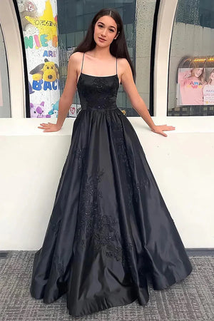 Sparkly Spaghetti Straps Black Long Prom Dress with Appliques TP1376 - Tirdress