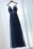 A-Line Deep V-Neck Floor-Length Navy Blue Tulle Prom Dress with Appliques-Tirdresses