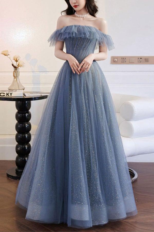 Light Blue Tulle Off Shoulder Long Prom Dresses With Lace