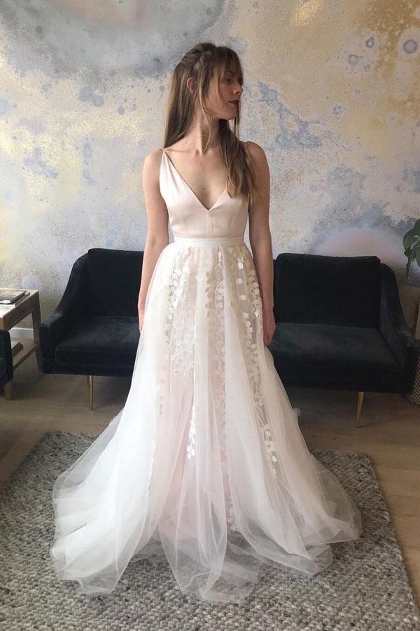 Elegant Spaghetti Straps Tight Backless Wedding Dress with Sweep Train –  Tirdress