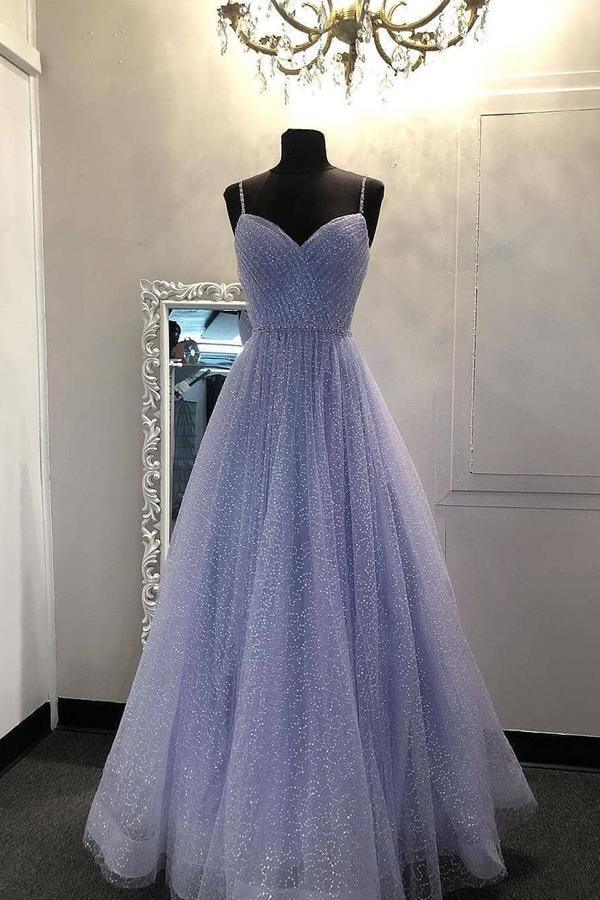 Sumnus Lilac Tulle Ball Gown Prom Dresses Tiered Pleat Spaghetti