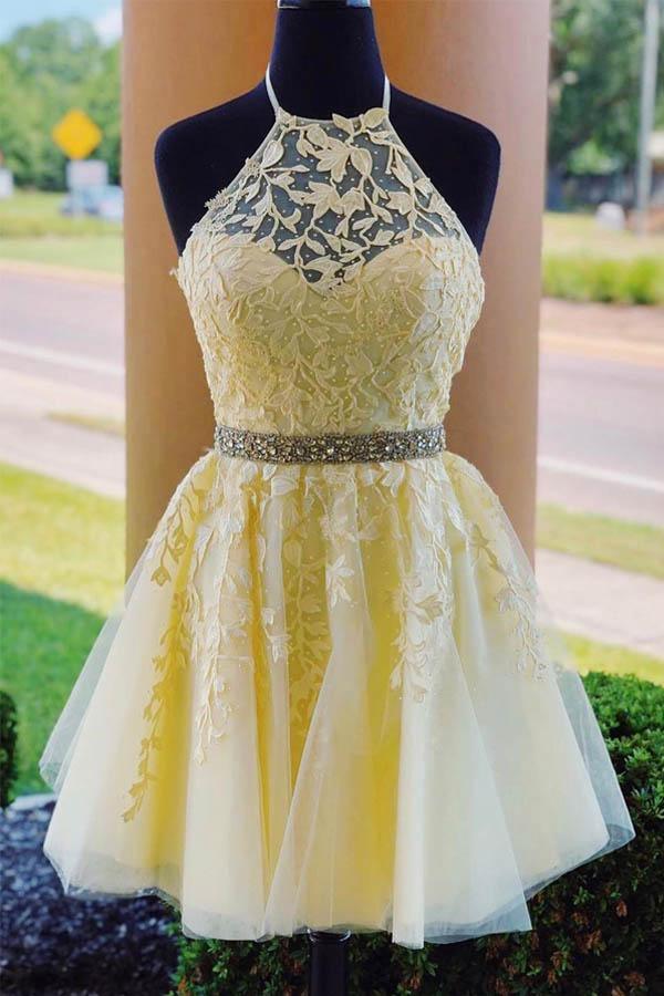 High Neck Gold Tulle Knee-Length Homecoming Dress With Appliques – Tirdress