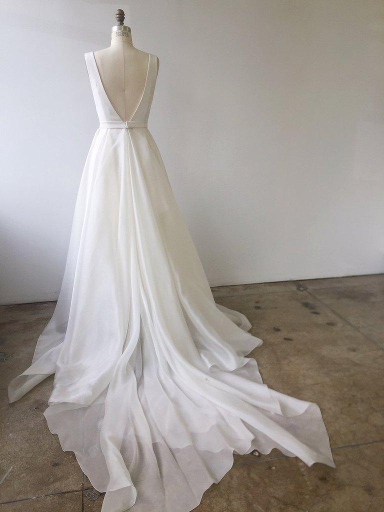 Ivory Satin A-line Strapless Court Train Wedding Dresses With Thigh Slit,  MW674