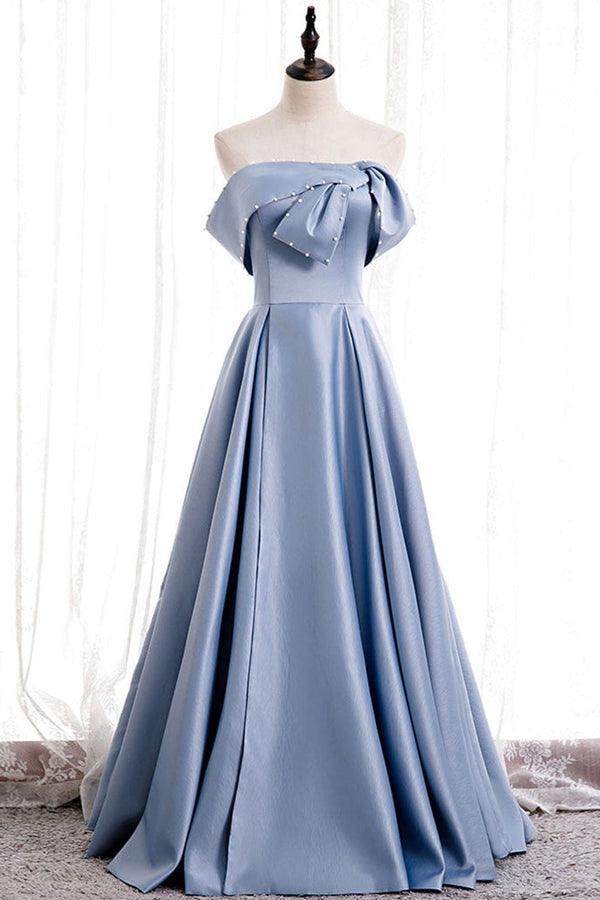 Sky Blue Satin Off Shoulder Simple Prom Dresses,PD00160 – AlineBridal