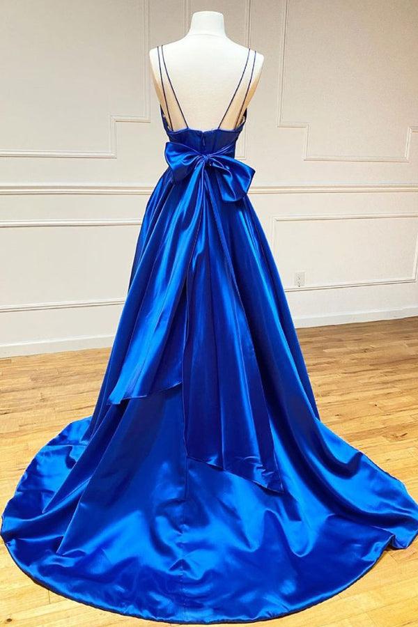 Simple Blue Satin A-line V-neck Long Prom Dresses MP785