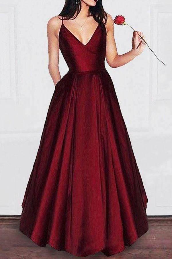 Spaghetti Straps V Neck Red Satin A-line Prom Gown - Xdressy