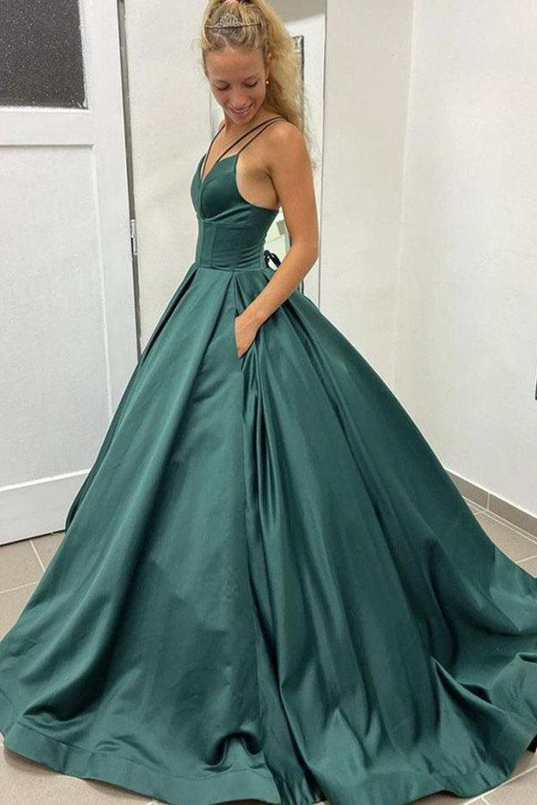 Dark Green Lace Prom Dresses Spaghetti Straps Neck A Line Formal Dress –  Tirdress