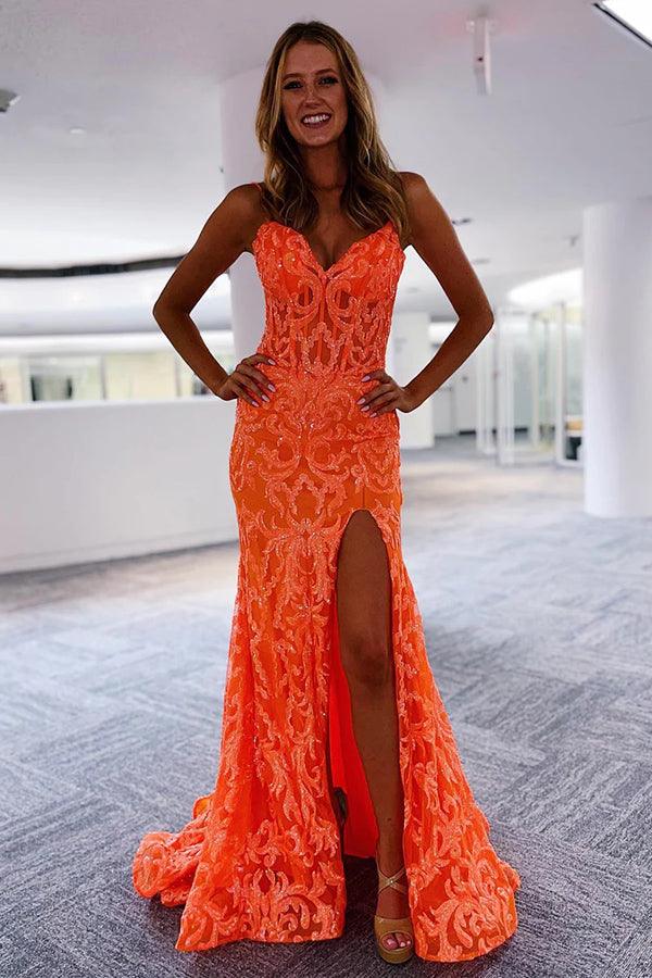 Miracle Orange Mermaid V Neck Sequins Prom Dress with Slit | KissProm