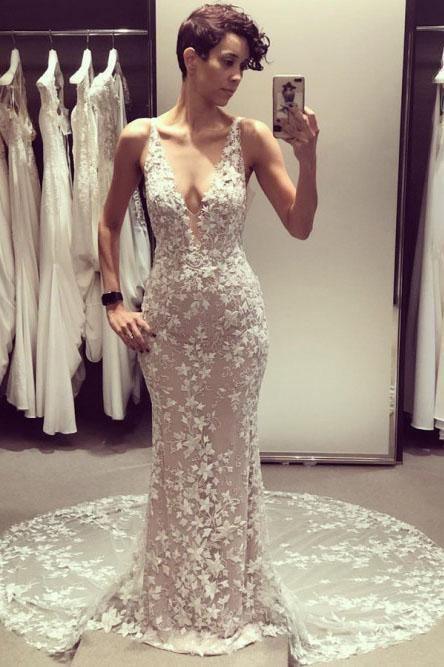 Mermaid Spaghetti Straps Lace Wedding Dress Bridal Gown TN151