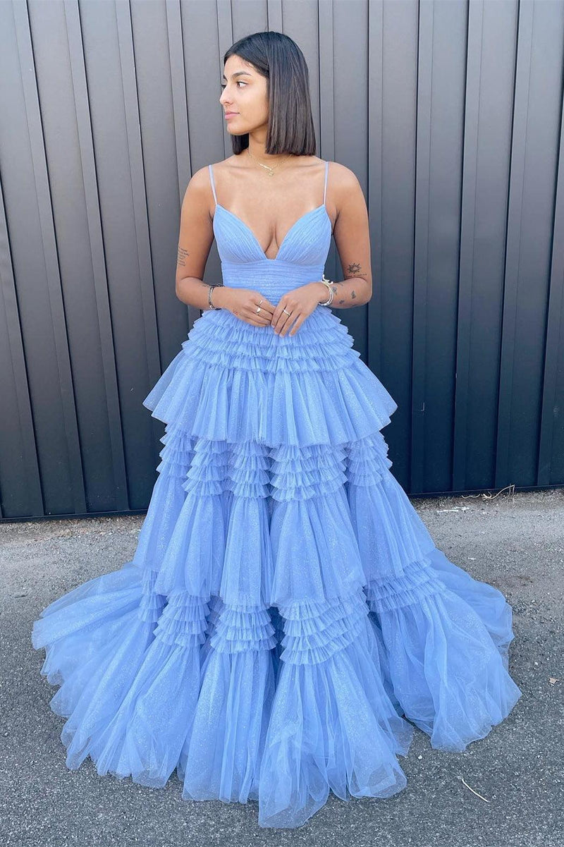 Princess Sky Blue Tiered Tulle Prom Dresss Evening Dress with