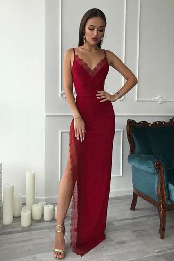 Elegant Red Straps Corset Back Long Prom Evening Dress with Slit TP1185