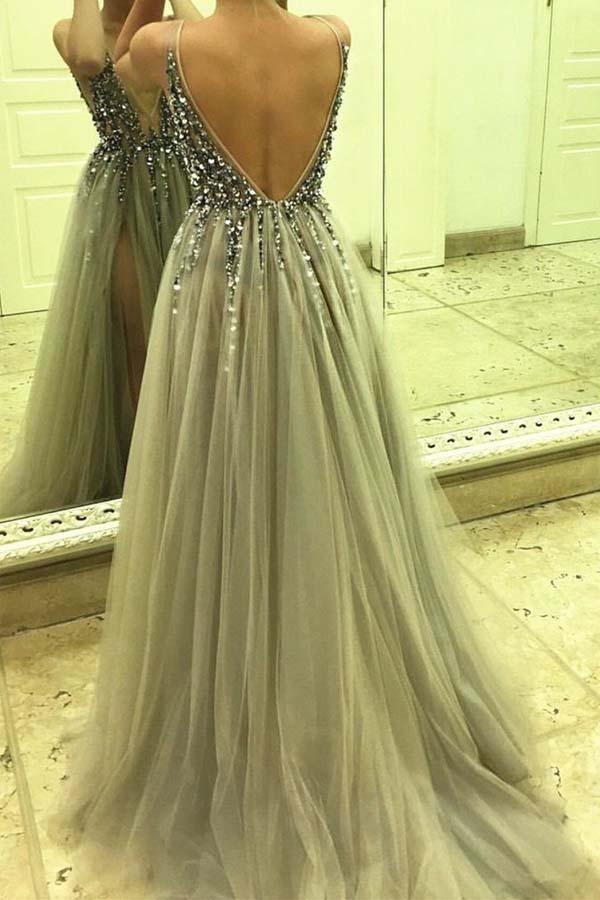 Sexy Prom Dress in Gray, Backless Formal Dress, Open Back Elegant