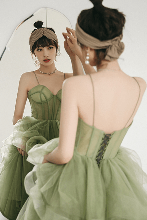 A Line Dark Green Lace Prom Dresses Spaghetti Straps Neck Formal Dress –  Pgmdress