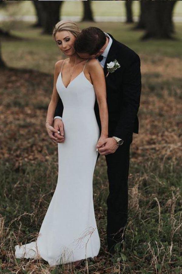 Elegant Spaghetti Straps Tight Backless Wedding Dress with Sweep Train TN226