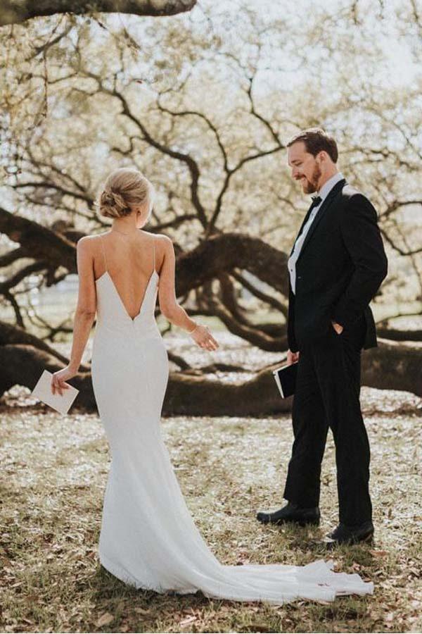 Elegant Spaghetti Straps Tight Backless Wedding Dress with Sweep Train –  Tirdress
