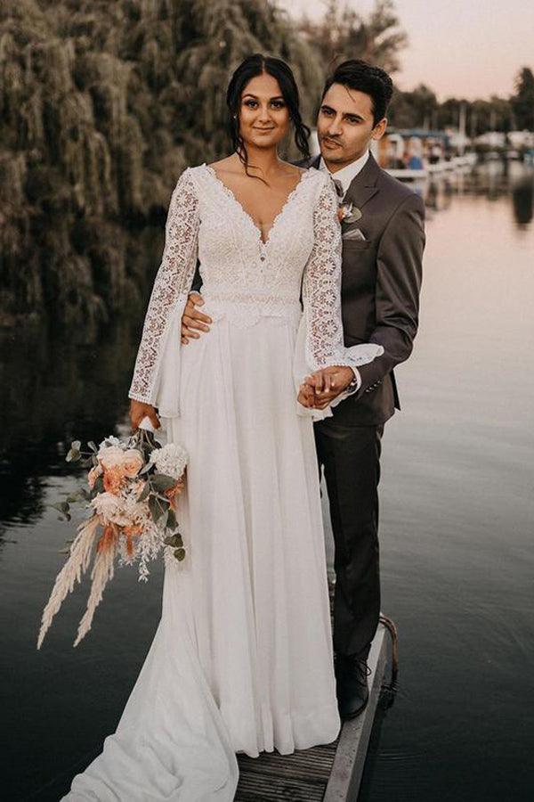 Elegant Scoop Long Sleeve Chiffon Wedding Dresses with Lace Backless Ivory  Bridal Dresses,MW482