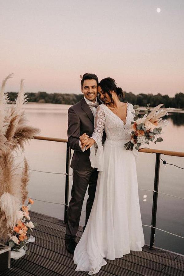 Plunging Neck Backless Ivory Lace Sexy Bridal Gown - Xdressy