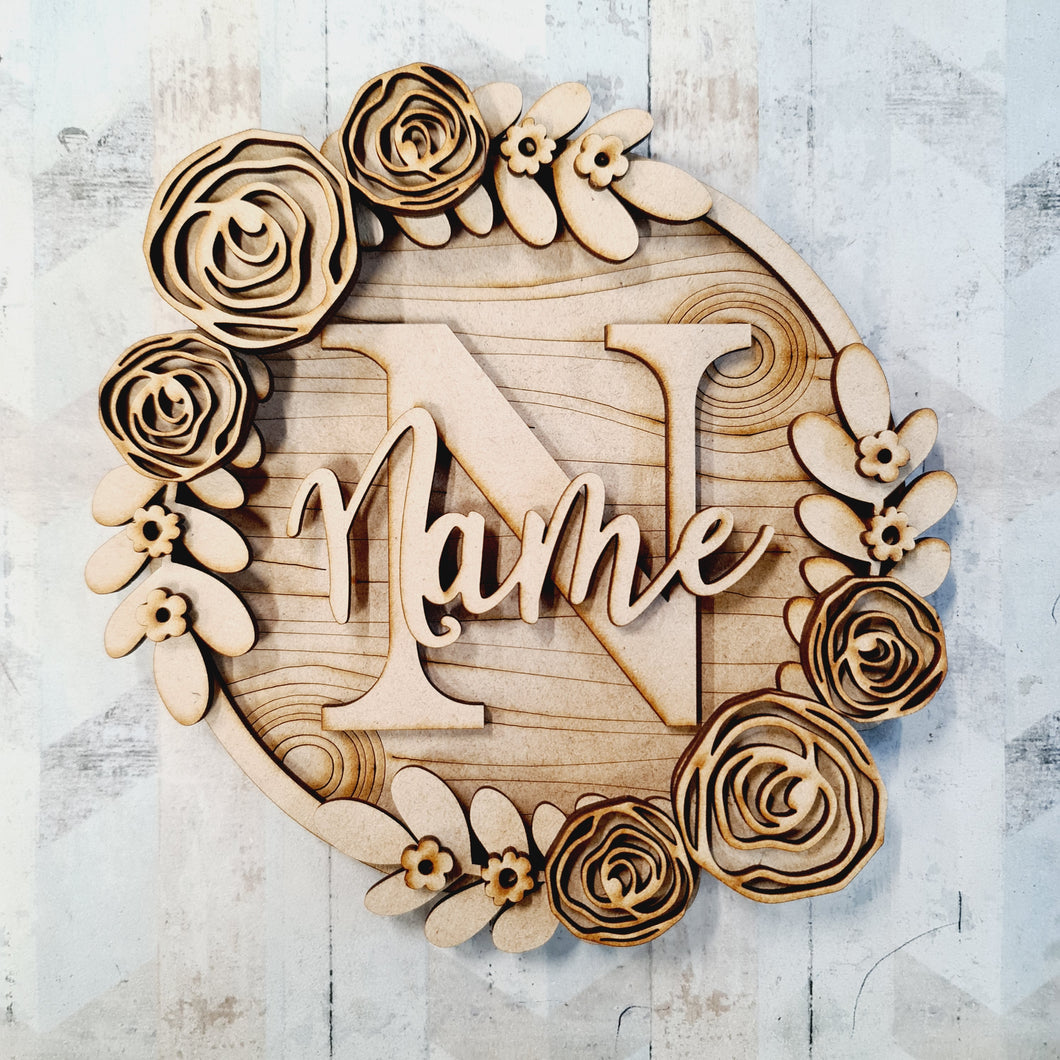 W010 - MDF Rose Floral Wreath - with Wording or initials - Olifantjie - Wooden - MDF - Lasercut - Blank - Craft - Kit - Mixed Media - UK