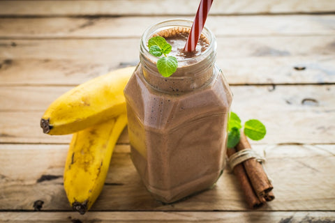 Banana cacao smoothie in a jar