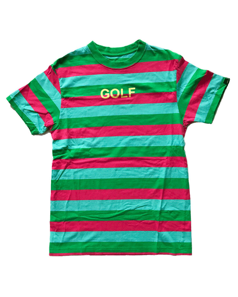 red blue and green striped shirt