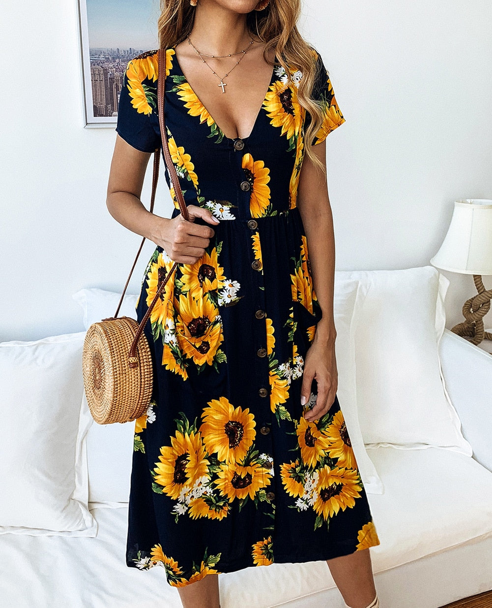 navy sunflower dress